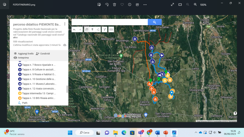 Percorso geolocalizzato completo di tutto l'itinerario da cui sono estratte le tappe caricate sull'APP PEEK